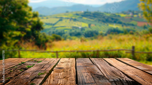 Wooden board with a forest in the background created with Generative Ai technology