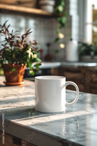a white ceramic mug mock-up on a kitchen counter