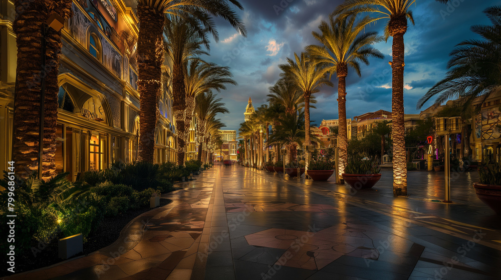 A row of tall palm trees sway in the wind along a wet sidewalk next to a cloudfilled sky and buildings. The asphalt road surface leads to houses adorned with more palm trees