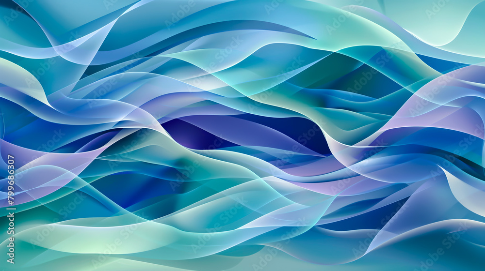 Obraz premium Overlapping wave like patterns with varying shades of blue, aqua, and purple creating a dynamic and harmonious abstract concept of fluid motion and design.