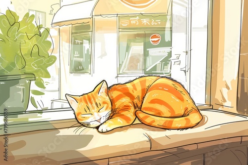 Cartoon cute doodles of a sleepy cat curled up on a cushioned window seat, basking in the warm sunlight streaming through the coffee shop window, Generative AI photo