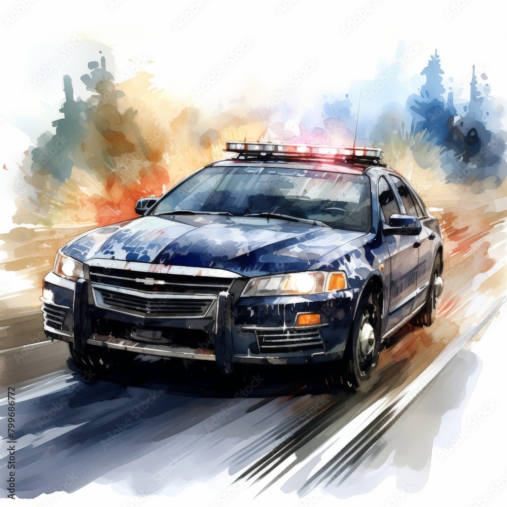 Protect and serve with the utmost safety. Watercolor illustration of a police car patrolling the city streets.