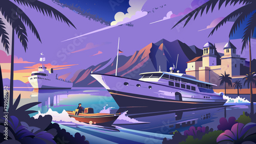 old movie poster, sea motor boat and yacht. Vista desde una Postal: una escena clásica con un yate y un motobot, ovalada por el romance de los viajes por mar.Tranquilidad y libertad