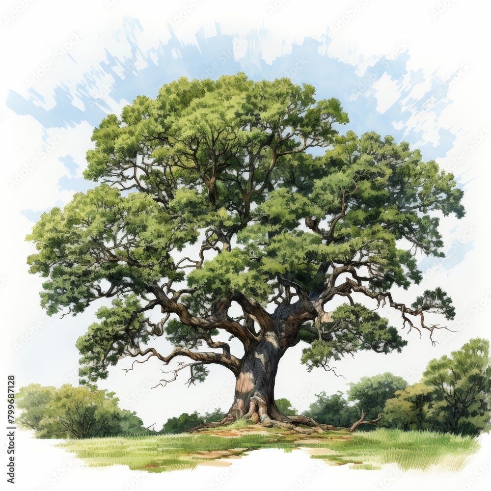 Fototapeta premium The photo shows a big tree with green leaves and a large thick trunk. The sky is blue and there are some clouds in the background. The tree is in a field of green grass.