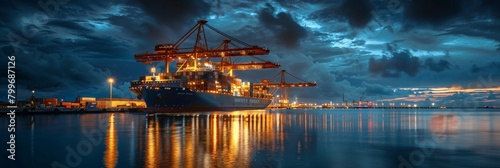 The photo shows a container ship docked at a port at night photo
