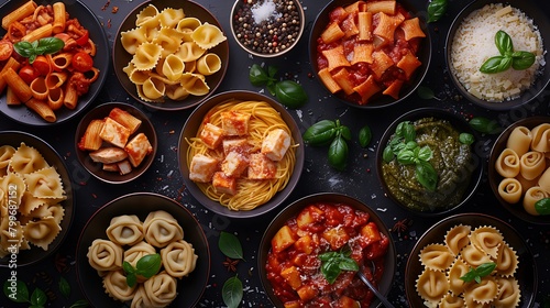 Pasta, Assortment of Italian pasta dishes, including spaghetti Bolognese, penne with chicken, tortellini, ravioli and others, shot from the top on a black background