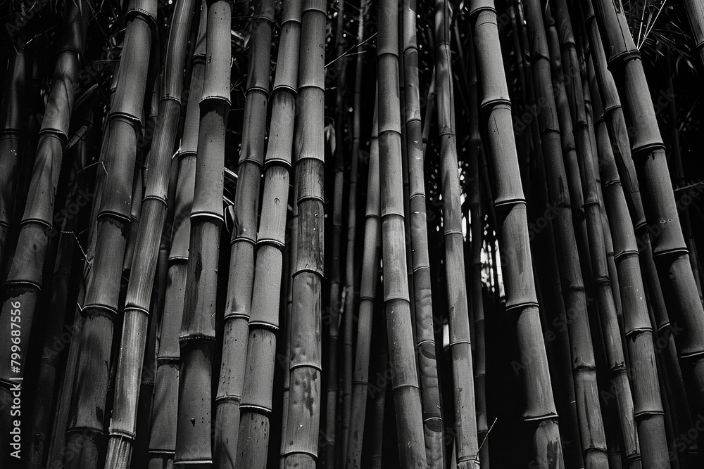 Fototapeta premium An artistic portrayal of a dense bamboo forest, with the slender stalks forming vertical lines that converge towards the top of the frame, in black and white tone