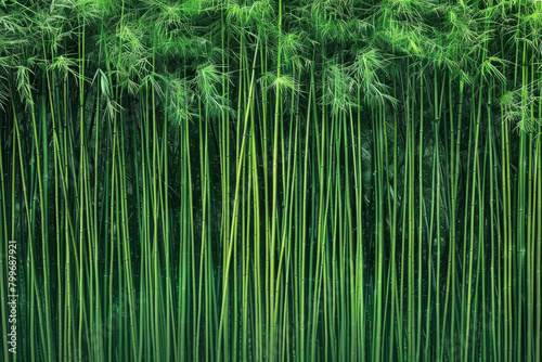 An artistic portrayal of a dense bamboo forest  with the slender stalks forming vertical lines that converge towards the top of the frame.