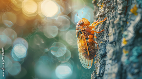 Macro close up Cicada insect on tree. photo