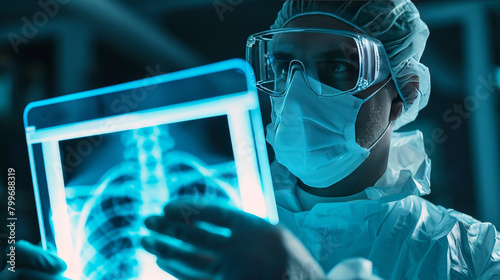 Scientific background: scientist with X-ray film photo