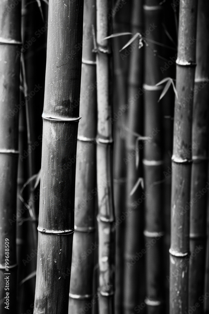 An artistic portrayal of a dense bamboo forest, with the slender stalks forming vertical lines that converge towards the top of the frame, in black and white tone An artistic portrayal of a dense bamboo forest, with the slender stalks forming vertical lines that converge towards the top of the frame, in black and white tone