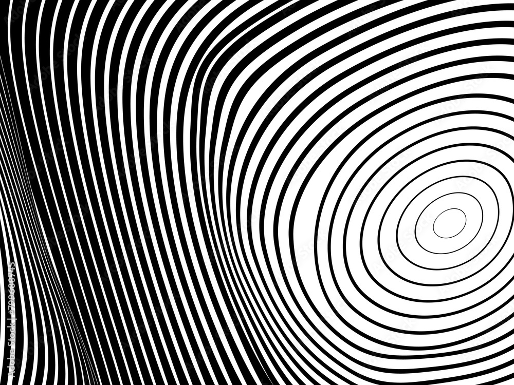 Abstract hypnotic wave pattern with black-and-white striped lines. Psychedelic background. Op art, optical illusion. Modern design, graphic texture. Abstract hypnotic wave pattern with black-and-white striped lines. Psychedelic background. Op art, optical illusion. Modern design, graphic texture.