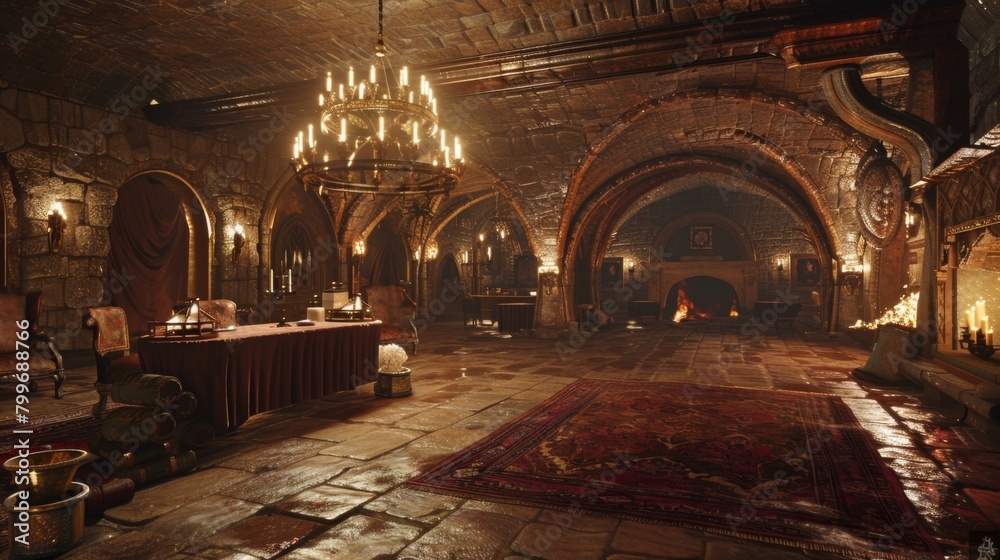 Obraz premium A lavish underground chamber where a wealthy nobleman hosts a gathering of guests to witness the demonstration of a fabled elixir . .