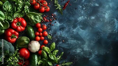 Raw organic vegetables with fresh ingredients for healthily cooking on vintage background, top view, banner, Vegan or diet food concept, Background layout with free text space