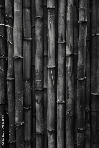 An artistic portrayal of a dense bamboo forest  with the slender stalks forming vertical lines that converge towards the top of the frame  in black and white tone