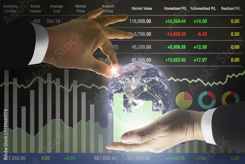 Global business stock manipulation image with graph and chart on financial market data background.