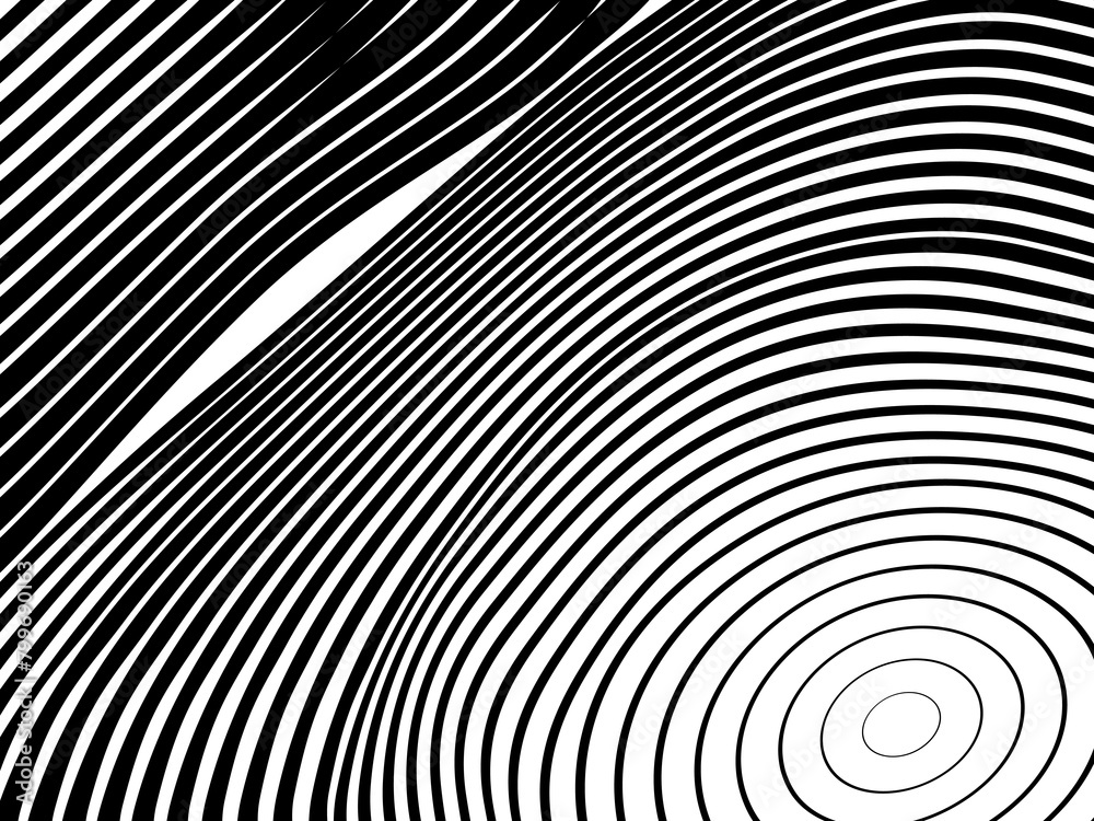 Abstract hypnotic wave pattern with black-and-white striped lines. Psychedelic background. Op art, optical illusion. Modern design, graphic texture. Abstract hypnotic wave pattern with black-and-white striped lines. Psychedelic background. Op art, optical illusion. Modern design, graphic texture.