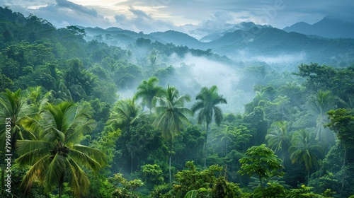 A panoramic view of lush tropical rainforest canopy, showcasing the biodiversity and ecological richness of tropical ecosystems.