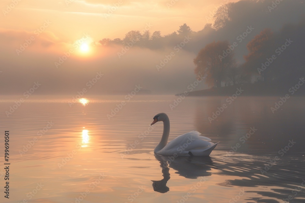 A solitary swan glides peacefully on a mist-covered lake bathed in the warm golden light of sunrise, creating a serene landscape.