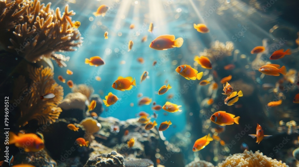 Bright orange fish swim amongst the coral in a sunlit underwater scene, bursting with life and color in the clear blue ocean. Bright orange fish swim amongst the coral in a sunlit underwater scene, bursting with life and color in the clear blue ocean.