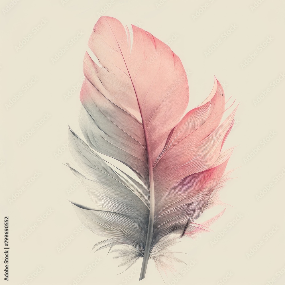 A delicate pink and grey feather against a soft white background, exuding a sense of lightness and softness.