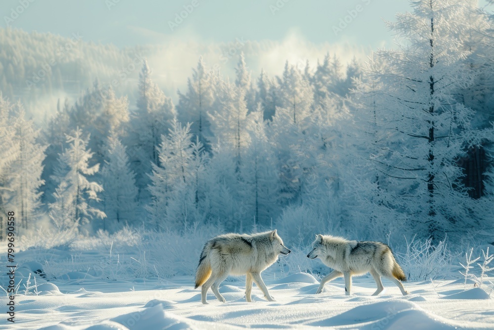 Naklejka premium Two wolves engage on a snowy terrain with a frost-laden forest backdrop and misty atmosphere.