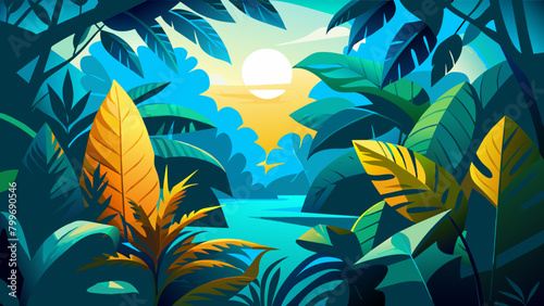 fondo de hojas en varios tonos verdes y amarillos con una imagen vectorial de la luz del día. Selva intransitable. Ilustración de la hermosa naturaleza del planeta. Proteger el planeta de la basura.