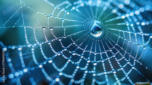 Macro photography of a spiderweb with glistening dew drops early in the morning, blue tones enhancing the detail.