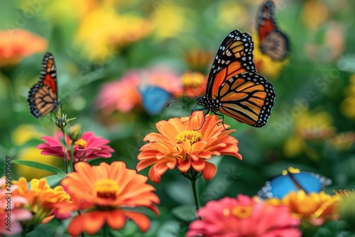 Monarch butterflies fluttering around and resting on vivid orange flowers, with a soft focus on a blooming garden background. © Thanyaporn
