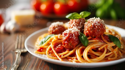 A plate of spaghetti topped with marinara sauce and meatballs, sprinkled with grated Parmesan cheese photo