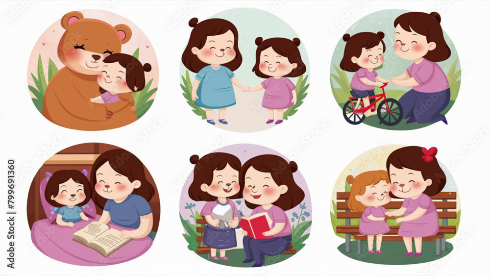 A collection of six adorable cartoon Mothers Day stickers A collection of six adorable cartoon Mothers Day stickers