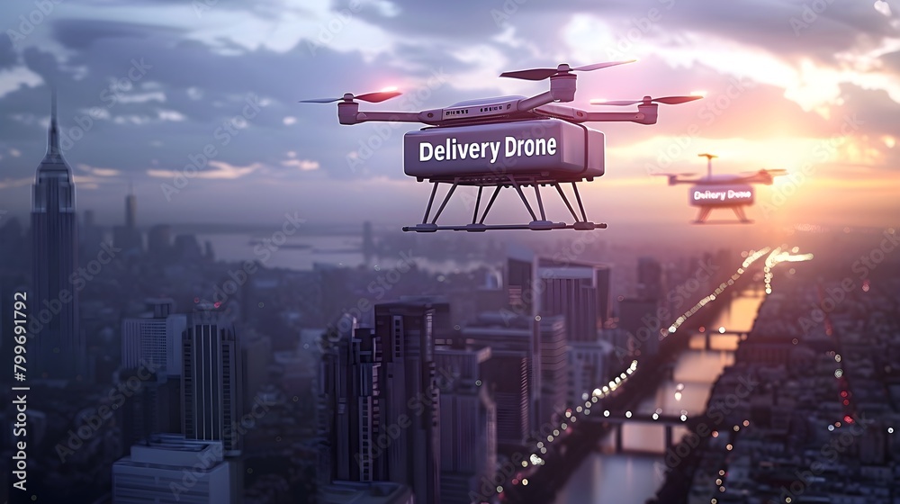 Urban Delivery: Multiple Drones Over City Skyline