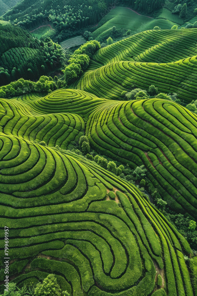 Fototapeta premium An aerial view of the lush green tea fields with intricate patterns and textures created by rows upon rows of tea plants. 