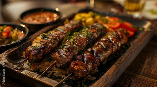 Grilled Delight: Close-Up of Delicious Kebabs on Skewers at a Restaurant