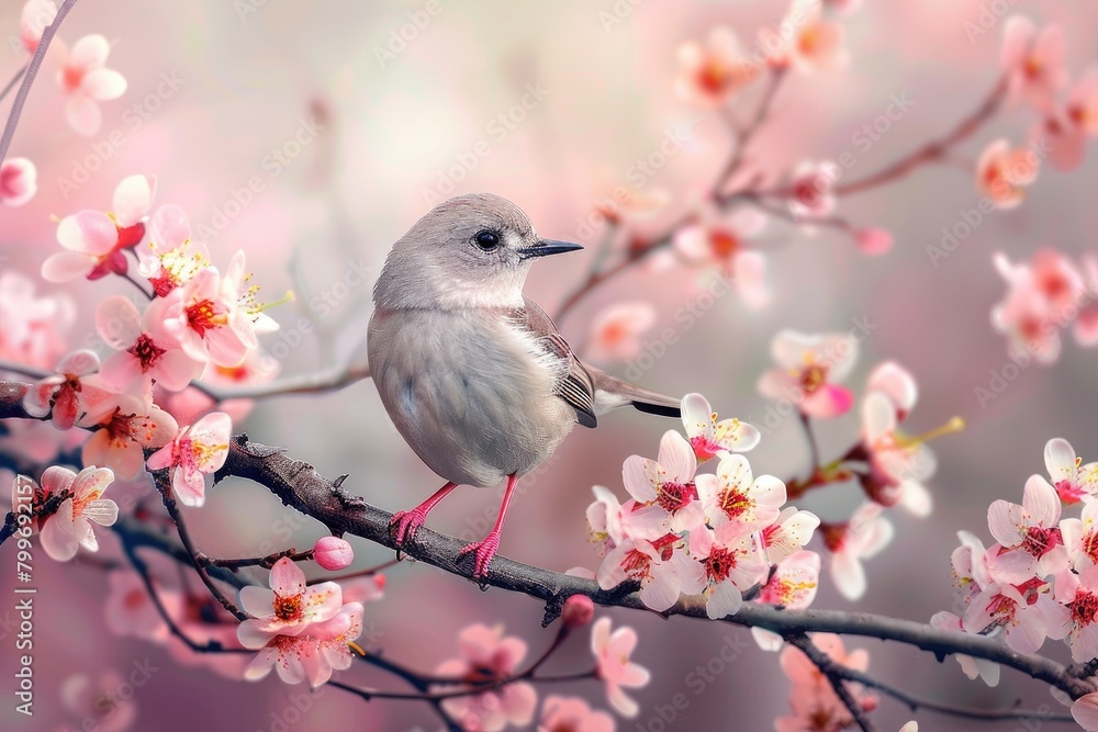 Beautiful bird on flowering branch.