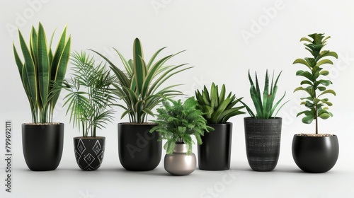 Collection of potted indoor houseplants in black decorated pots.