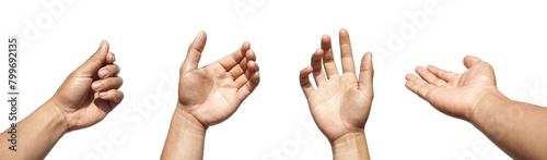Set of images of hands making gestures of holding something, such as holding a business card, credit card, holding a phone or a bottle of water.  and empty hands isolated on white background.