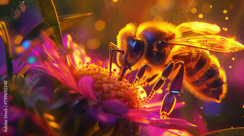 Macro photography of a bee pollinating a flower, detailed depiction of wildlife and nature with a focus on environmental awareness and biodiversity.