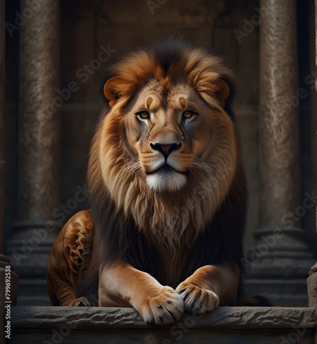 Royal lion sitting on a throne  closeup. Generative AI