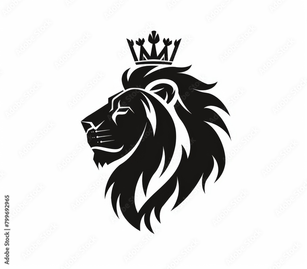 Fototapeta premium minimalistic lions head wearing a crown - black logo design on white background