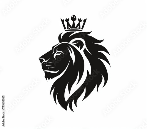 minimalistic lions head wearing a crown - black logo design on white background