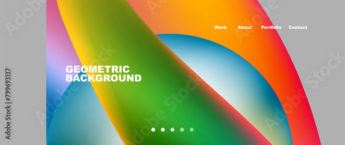 A vibrant geometric background featuring colorful shapes contrasts against a sleek gray base. Elements such as automotive lighting, air travel, gadgets, and closeup details add visual interest