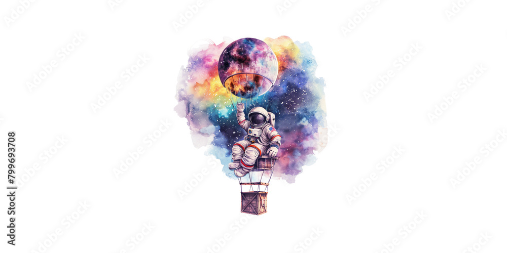 Watercolor astronaut flying in a hot air balloon made of a colorful nebula, in the style of clipart, isolated on a white background