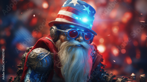 Cyberpunk of Patriotic gnome, vibrant July 4th celebration, American flag in hand, clear, colorful backdrop.