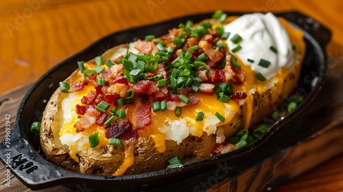 A loaded baked potato topped with bacon, cheese, chives, and sour cream