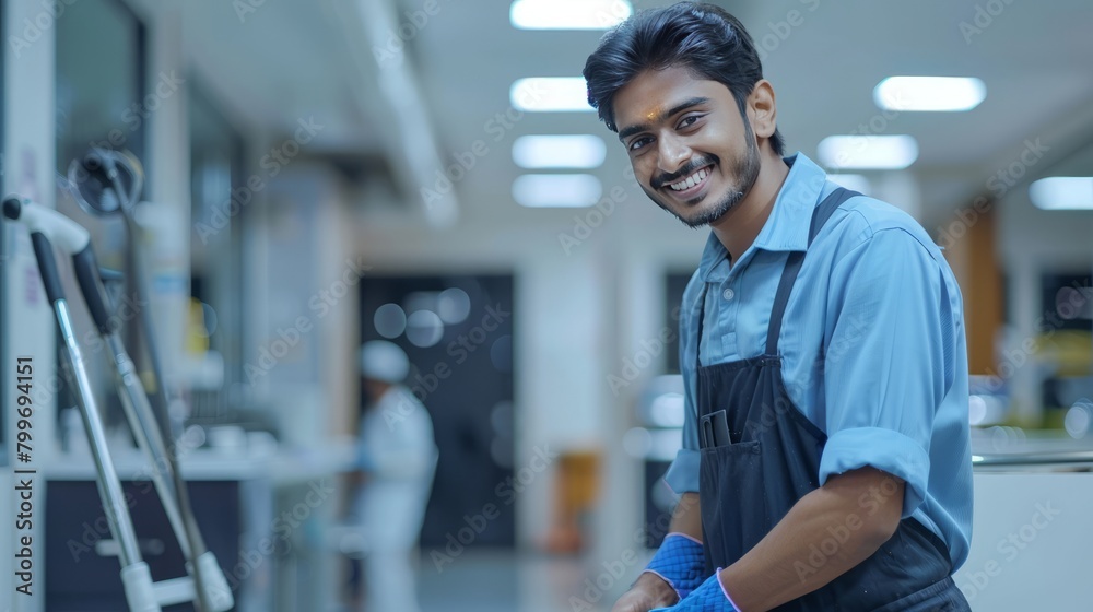 Smiling Indian Male Cleaner in Professional Uniform Smiling Indian Male Cleaner in Professional Uniform