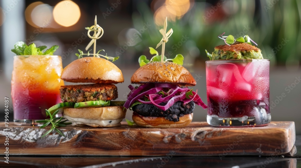 A trio of plantbased sliders each paired with a different mocktail such as a black bean slider with a blueberry and lavender mocktail a falafel slider with a cucumber and mint mocktail