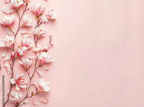 Banner with flowers on light pink background. Greeting card template for Wedding, mothers or womans day. Springtime composition with copy space