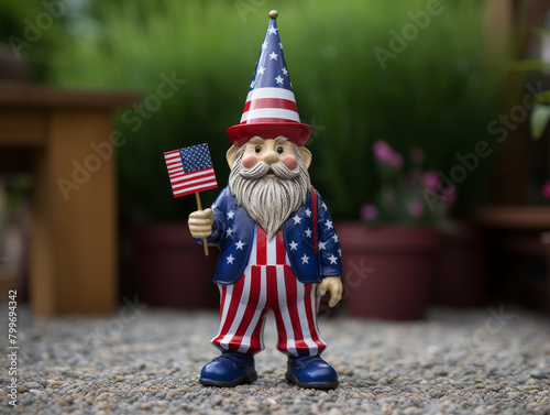 Whimsical gnome dressed in stars and stripes, holding an American flag, perfect for festive USA-themed garden decor