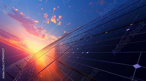A solar panel array with a blue sky and sunlight reflection- A clean energy concept photo